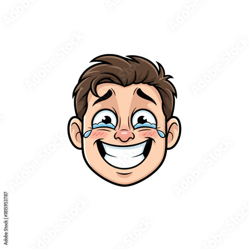 A cartoon man's face laughing hysterically with tears of joy streaming down his cheeks.