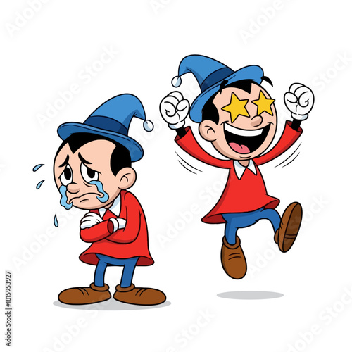 Cartoon illustration of a character experiencing contrasting emotions of sadness and extreme happiness.