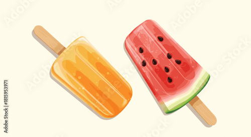 A refreshing illustration of two delicious fruit popsicles an orange flavor and a watermelon slice on a light yellow background.