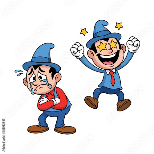 Two cartoon men showing contrasting emotions: one sad and crying, the other happy and excited with stars in his eyes.