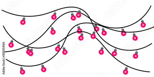 Wavy strings of festive pink Christmas lights hanging against a plain white background.