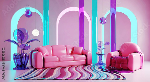 A vibrant and surreal living room interior with a pink sofa and armchair, featuring glowing blue and purple arched doorways, a striped rug, and whimsical decor