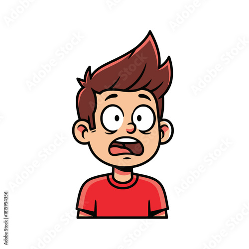 Cartoon illustration of a young boy with a shocked and surprised expression, wide eyes, and an open mouth, wearing a red shirt.