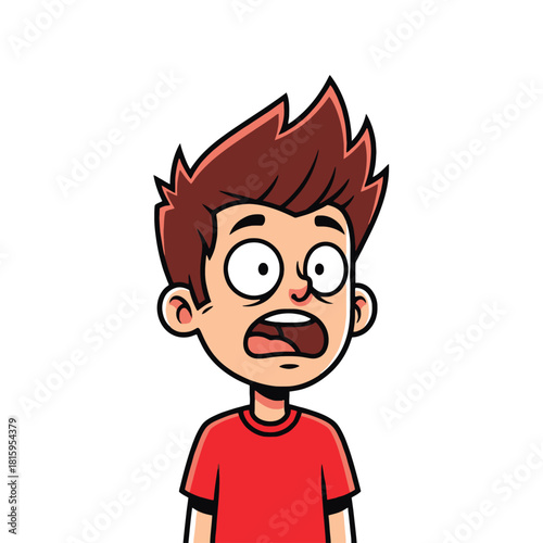 Cartoon illustration of a young boy with a shocked, scared, and terrified facial expression isolated on a white background.
