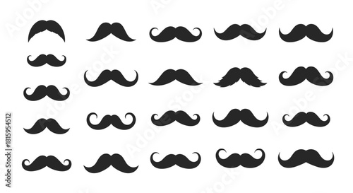 A large set of twenty-one black silhouette mustache icons featuring various classic and retro styles for hipster and vintage designs.