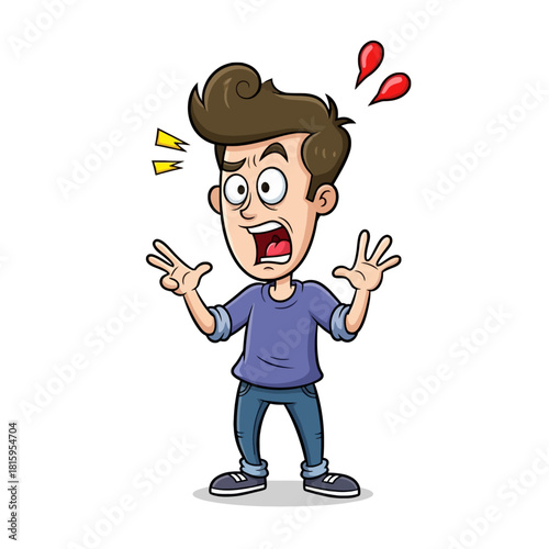 A cartoon man with a shocked and scared expression, hands raised in alarm.