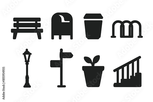 City Street Icons. City Street Props. Filled icon set of City Street Props: bench, mailbox, trash bin, bike