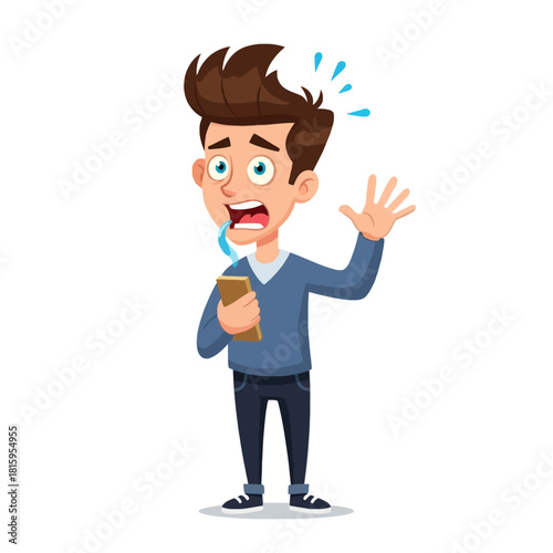 Shocked young man looking at his smartphone with wide eyes and open mouth, sweating and drooling.