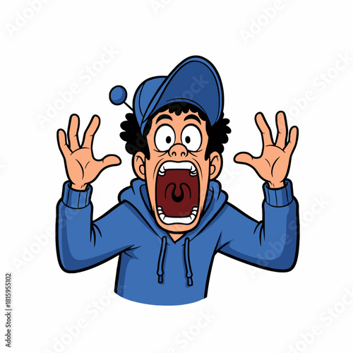 Illustration of a terrified young man in a blue hoodie and cap, screaming with his hands raised in shock and fear.