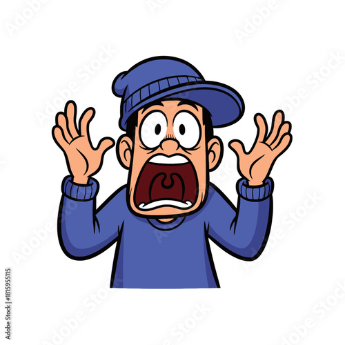 Cartoon man with a shocked expression, mouth wide open screaming, and hands raised in fear or surprise.