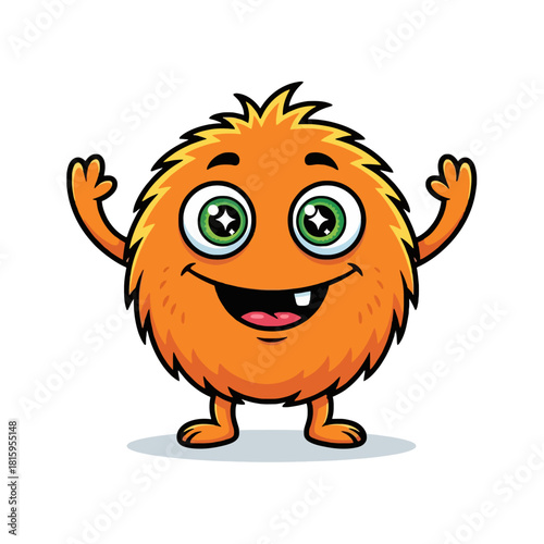 A cute, happy, and friendly orange fuzzy monster with big green eyes and a single tooth, smiling widely with arms raised.