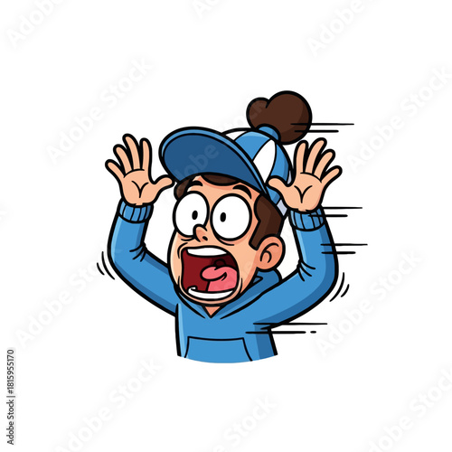 A cartoon illustration of a young person looking shocked and screaming with hands raised.
