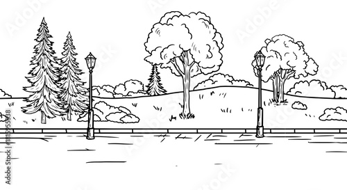 Grassy lawn and road, trees and bushes, sketch. Park lantern, seamless pattern isolated on white background. For postcard, invitations, for printing on textiles. Vector illustration.