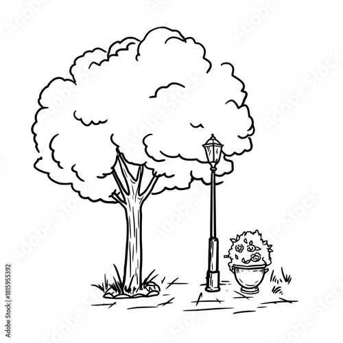 A tree and a park lantern, a flowerbed with flowers in the grass, a sketch. The drawing is in a simple style, isolated on a white background. Alley of the city park, square. Vector illustration.