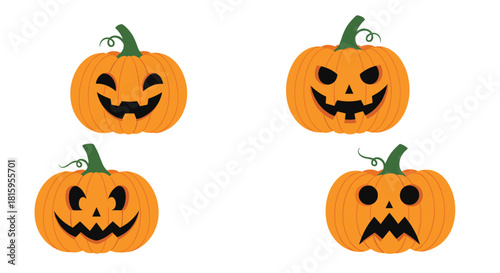 A set of four classic jack-o'-lantern pumpkins with different carved facial expressions for Halloween isolated on a white background.