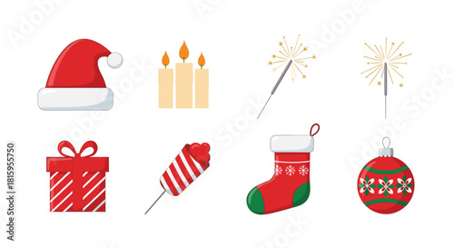 A festive collection of eight flat design Christmas and New Year icons including a Santa hat gift box stocking and sparklers.