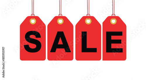 Four red price tags hanging from strings spelling out the word SALE in bold black letters for retail and shopping promotions.