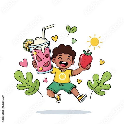 Happy boy jumping with a refreshing fruit smoothie and a fresh red apple, surrounded by leaves and hearts.