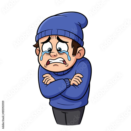 Cartoon boy crying and shivering from cold, wearing a blue beanie and sweater, looking sad and distressed.