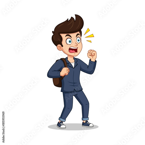 Cartoon illustration of an angry young boy with a backpack, shouting and clenching his fist.