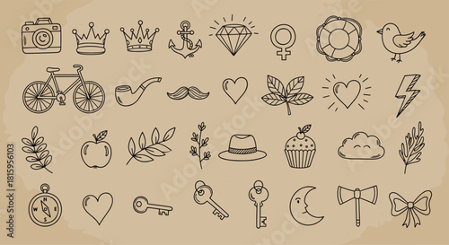 A large collection of charming hand-drawn doodle icons in a vintage style on a craft paper background with various objects.