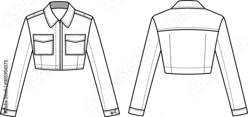 Cropped jacket sketch, fashion technical drawing, front and back view, garment design, apparel illustration, zipper, collar, cuffs, pockets, seams