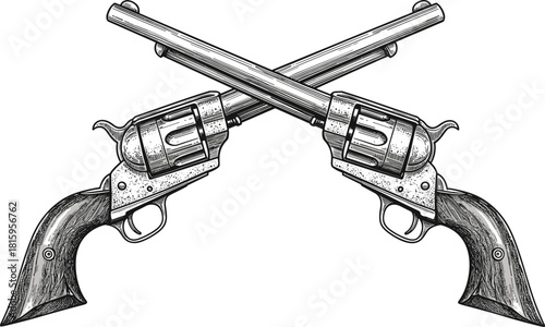 Crossed revolvers illustration, vintage cowboy pistols, detailed hand drawn firearms engraving, old west weapon sketch, western antique gun artwork, retro pistol