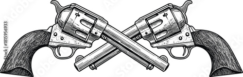 Crossed revolvers illustration, vintage cowboy pistols, detailed hand drawn firearms, old west weapons, antique engraving, western gun artwork, retro sketch