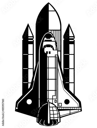 Space Shuttle graphic in a bold, high-contrast black and white retro style. Features the orbiter and solid rocket boosters.