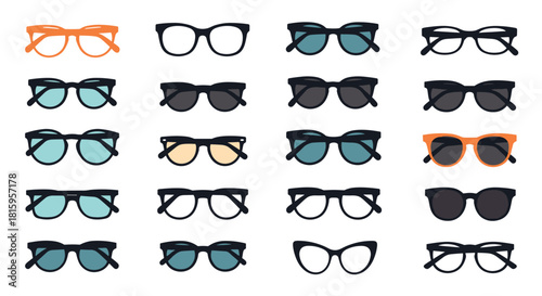 A diverse collection of twenty different pairs of eyeglasses and sunglasses in various retro and modern styles for fashion concepts.