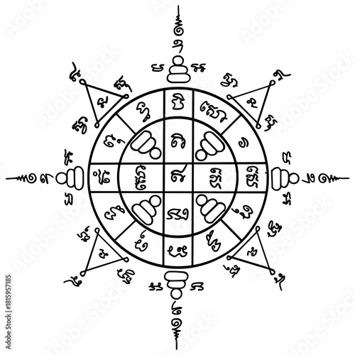 Mongkut Phra Phuttha Chao (Buddha's Crown) Yantra. Complex, circular Thai Buddhist sacred geometry with a central grid and Khom script.