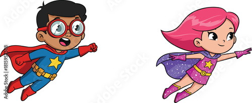 Cute cartoon superheroes flying in sky, happy boy and girl in colorful costumes, fantasy kids adventure, teamwork, childhood imagination, fun