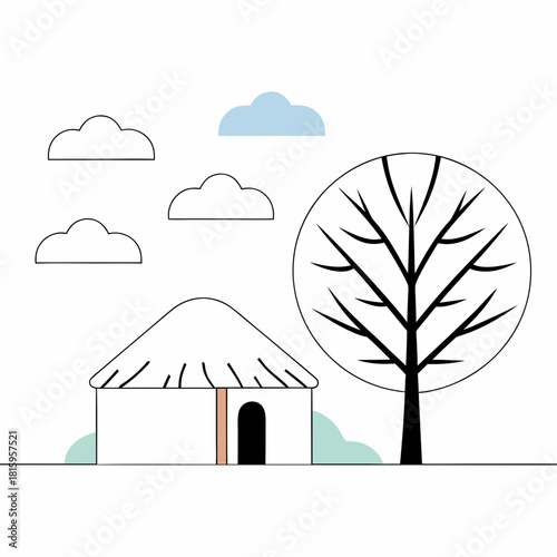 A simple hut with a tree and clouds isolated on