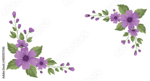 Two decorative floral corner arrangements with beautiful purple flowers and green leaves providing a frame for text or invitations.