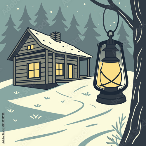 Cabin in snowy woods with lantern hanging from tree branch