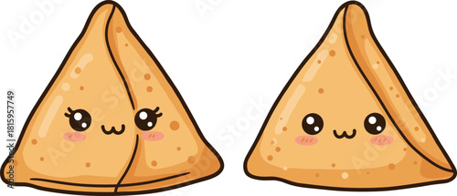 Cute samosa cartoon, kawaii food illustration, happy snack characters, Indian street food, adorable triangle pastry, kids menu, vector art