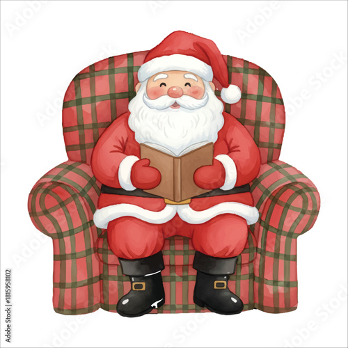 Watercolor Santa Claus Resting on Cozy Chair Christmas Illustration
