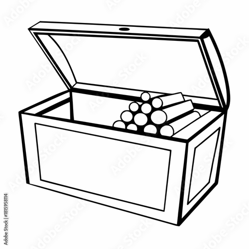 Open wooden chest filled with logs isolated on