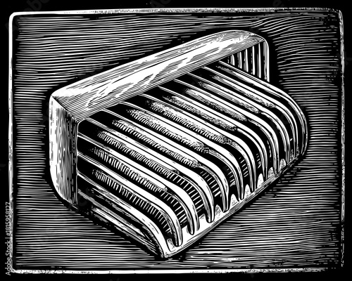 Monochrome woodcut of a vintage radiator isolated on