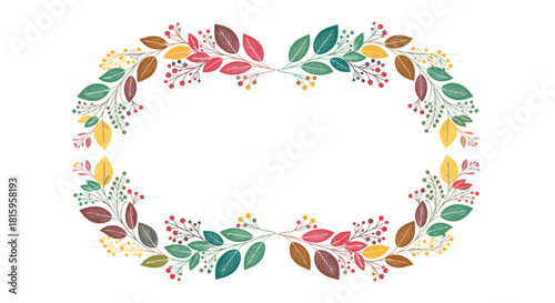 A beautiful oval frame made of hand-drawn leaves and berries in a variety of autumn colors creating a rustic and warm border.