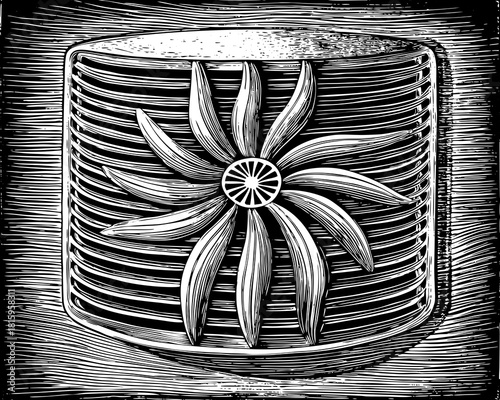 Stylized black and white woodcut of a radiator with floral design