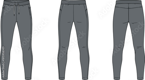 Dark gray jogger pants, slim fit, front view, side view, back view, tapered leg, drawstring waist, fashion illustration, apparel design, technical sketch