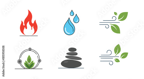 A set of six minimalist icons representing the four elements fire water and air plus zen stones for balance and wellness concepts.