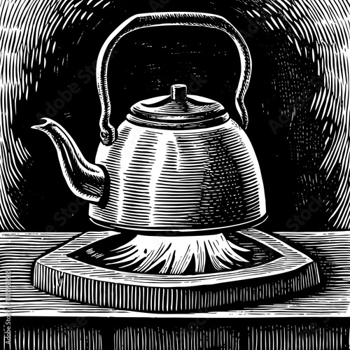 Vintage style kettle on a stove with flame underneath it