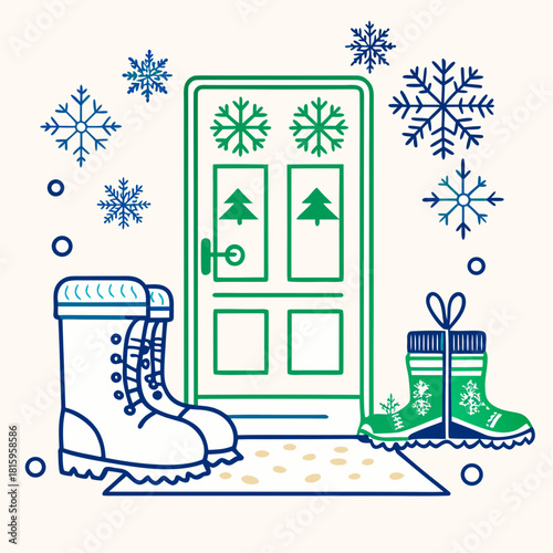 Winter scene with boots and a door isolated on