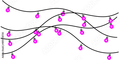A simple graphic illustration of tangled wavy strings with glowing pink lights on a white background.