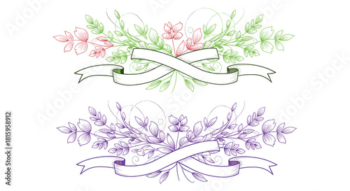 Two vintage-style hand-drawn floral arrangements with a blank crossed ribbon banner in green and purple for titles or messages.