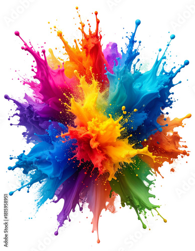 A vibrant multicolor paint explosion radiates outward on a black background, capturing high-energy fluid dynamics, vivid pigment contrast and abstract motion for creative visual design.