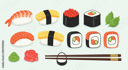 A delicious and colorful set of various types of sushi and rolls including nigiri and maki with wasabi ginger and chopsticks.