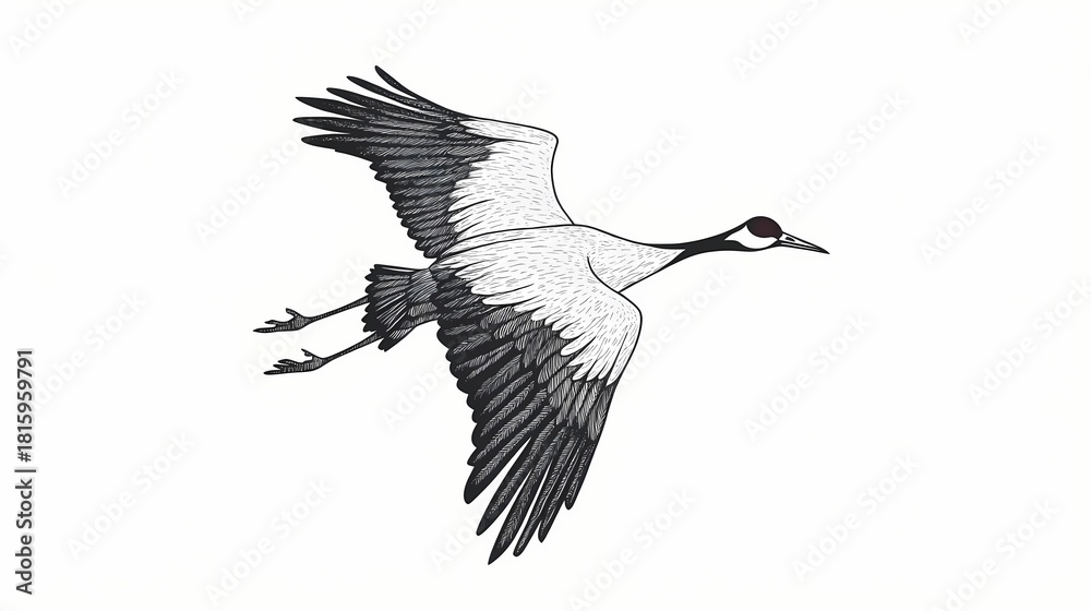 Fototapeta premium Detailed black and white illustration depicts a large wading bird soaring across an empty background
